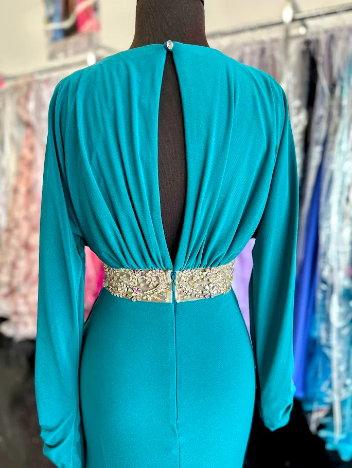 Johnathan Kayne 2685 Size 4 Green Long Sleeve Formal Dress High Slit Gown Crystal Sheer Beading - Image 7