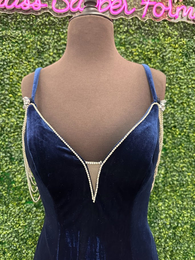 Johnathan Kayne 2706 Size 4 Aqua Navy Velvet Pleated Mermaid Dress Pageant Crystal off the shoulder Gown - Image 3