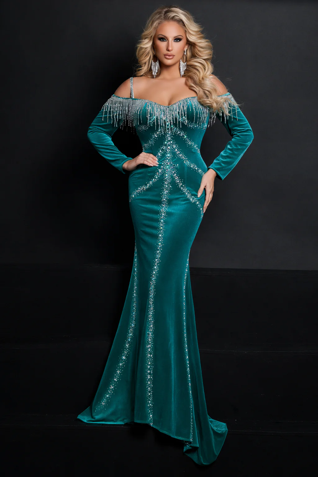 Johnathan Kayne 2708 Size 6 TEAL Velvet Fringe Gown Formal