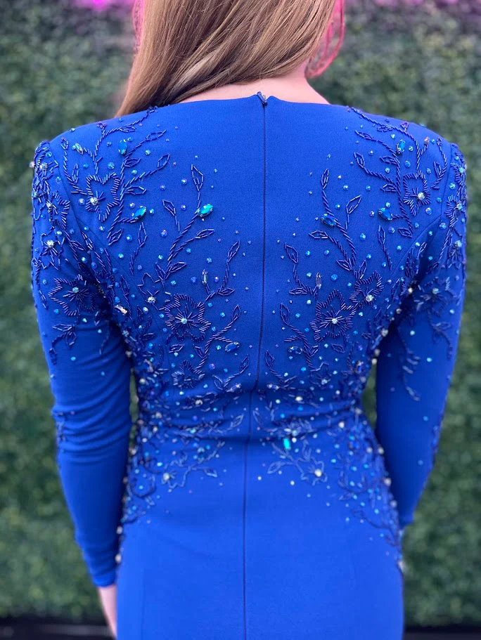 Johnathan Kayne 2712 Size 4 Royal Long Sleeve Fitted V-Neck Formal Dress Slit Beaded Gown - Image 2