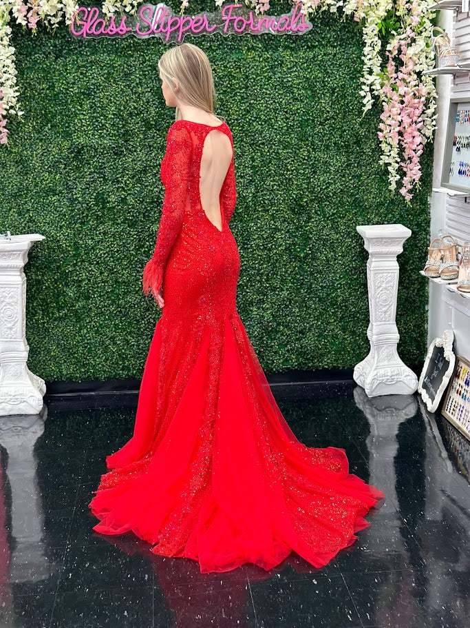 Johnathan Kayne 2714 Size 4 Red Sequin Lace Long Sleeve Mermaid Prom Dress Feathers - Image 2