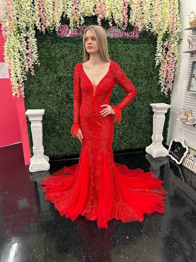 Johnathan Kayne 2714 Size 4 Red Sequin Lace Long Sleeve Mermaid Prom Dress Feathers - Image 5