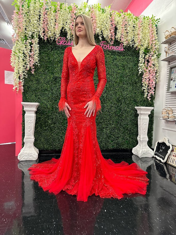 Johnathan Kayne 2714 Size 4 Red Sequin Lace Long Sleeve Mermaid Prom Dress Feathers - Image 6