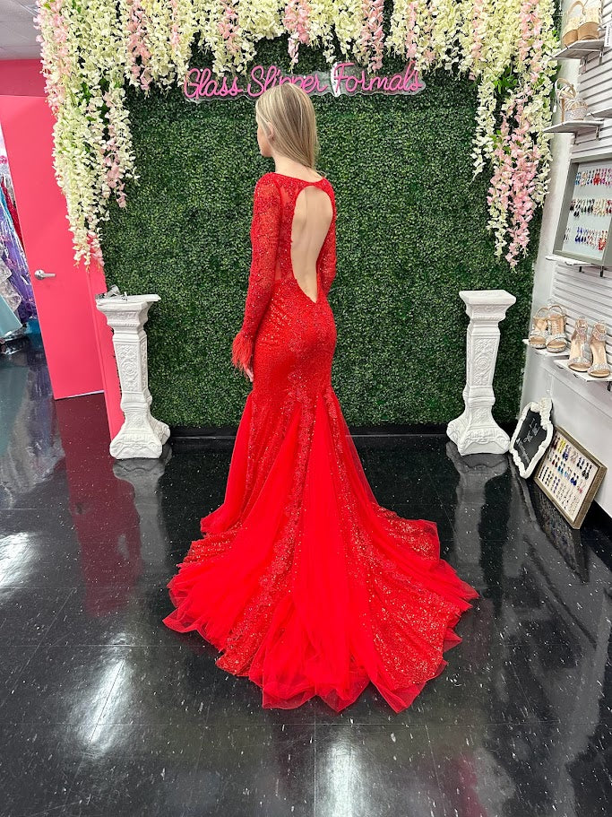 Johnathan Kayne 2714 Size 4 Red Sequin Lace Long Sleeve Mermaid Prom Dress Feathers - Image 7