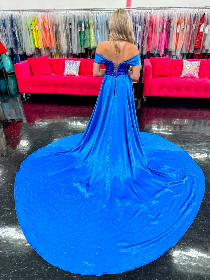 Johnathan Kayne 2725 Size 4 Royal Velvet off the Shoulder Pageant Dress Satin Overskirt Corset Slit Crystal Bodice - Image 3