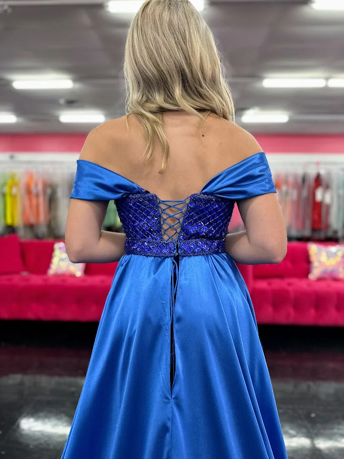 Johnathan Kayne 2725 Size 4 Royal Velvet off the Shoulder Pageant Dress Satin Overskirt Corset Slit Crystal Bodice - Image 6