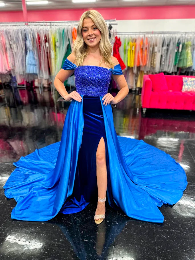 Johnathan Kayne 2725 Size 4 Royal Velvet off the Shoulder Pageant Dress Satin Overskirt Corset Slit Crystal Bodice