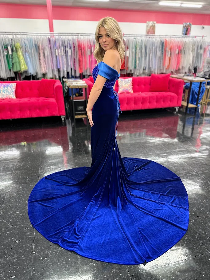 Johnathan Kayne 2725 Size 4 Royal Velvet off the Shoulder Pageant Dress Satin Overskirt Corset Slit Crystal Bodice - Image 2