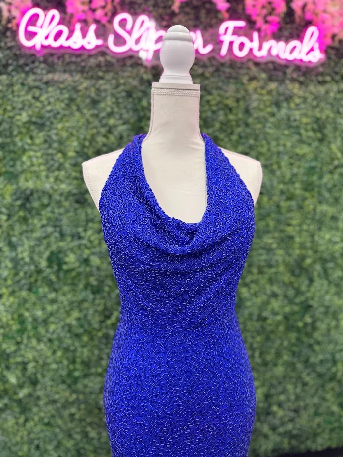 Johnathan Kayne 2728 Size 4 Royal Custom Liquid Beaded Cowl Neck Pageant Dress Formal Gown Halter - Image 11