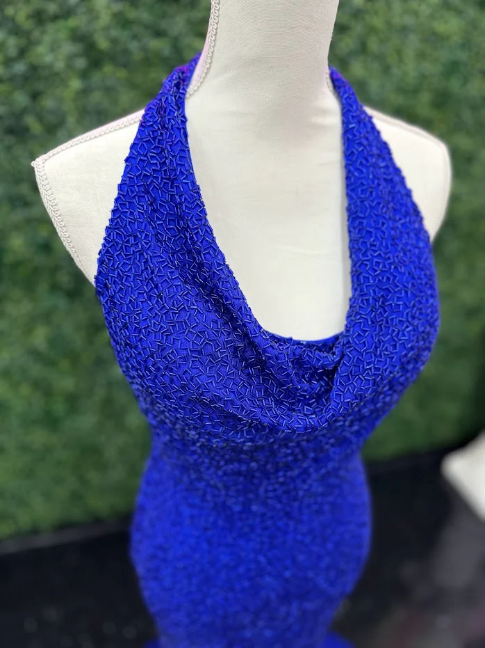 Johnathan Kayne 2728 Size 4 Royal Custom Liquid Beaded Cowl Neck Pageant Dress Formal Gown Halter - Image 12