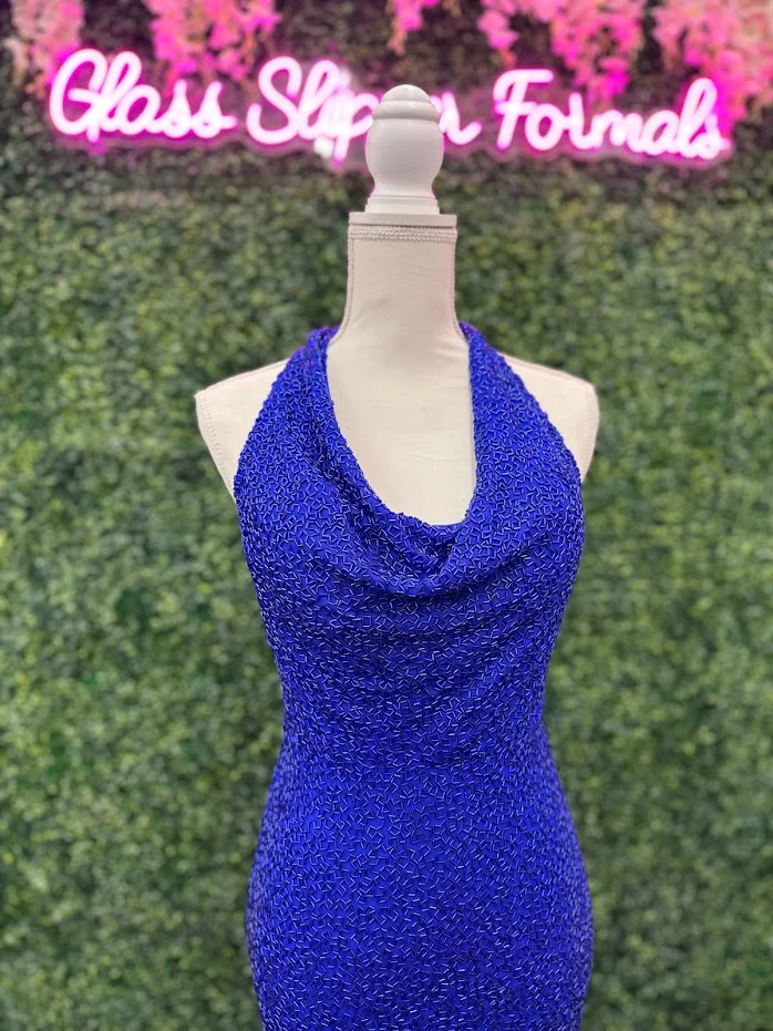 Johnathan Kayne 2728 Size 4 Royal Custom Liquid Beaded Cowl Neck Pageant Dress Formal Gown Halter - Image 17