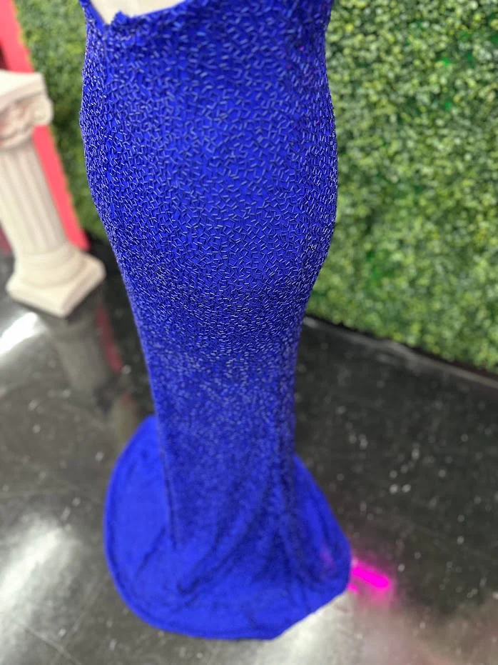 Johnathan Kayne 2728 Size 4 Royal Custom Liquid Beaded Cowl Neck Pageant Dress Formal Gown Halter - Image 4