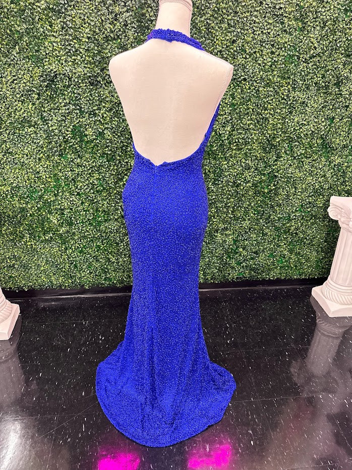 Johnathan Kayne 2728 Size 4 Royal Custom Liquid Beaded Cowl Neck Pageant Dress Formal Gown Halter - Image 5