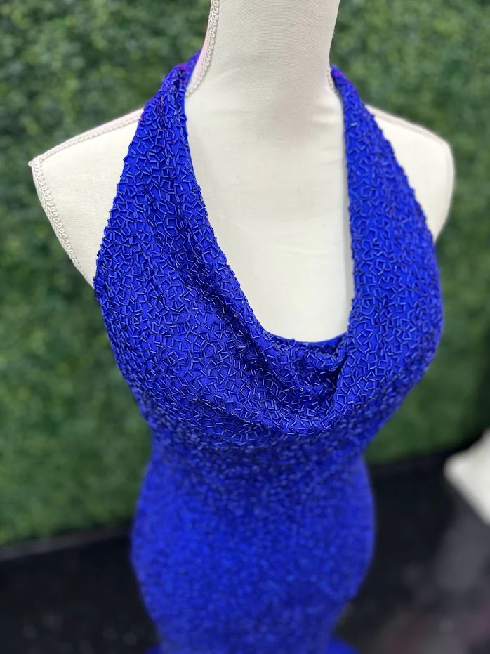 Johnathan Kayne 2728 Size 4 Royal Custom Liquid Beaded Cowl Neck Pageant Dress Formal Gown Halter - Image 7