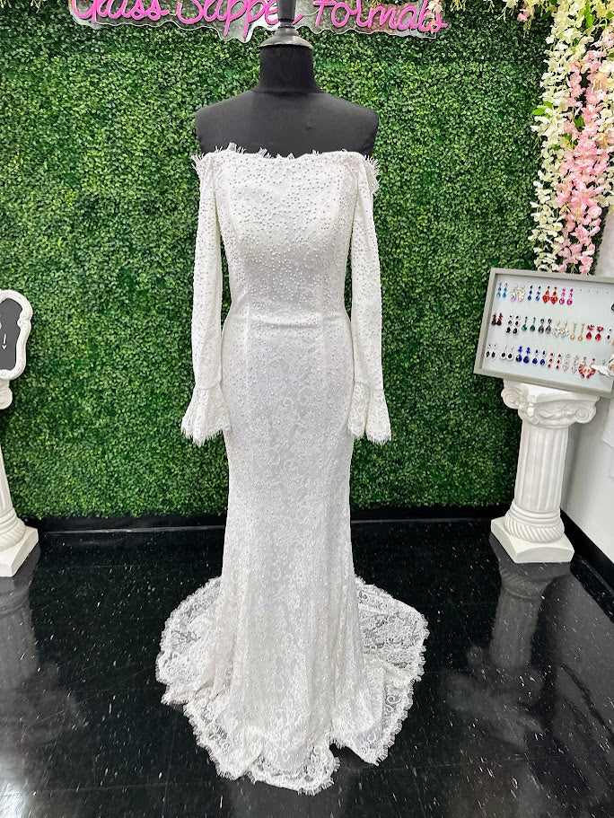 Johnathan Kayne 2744 Size 4 White Dress Lace Off the Shoulder Long Sleeve Dress Pageant Crystals Train