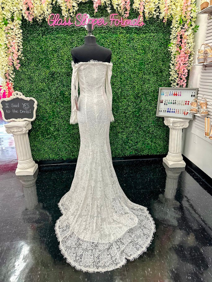 Johnathan Kayne 2744 Size 4 White Dress Lace Off the Shoulder Long Sleeve Dress Pageant Crystals Train - Image 2