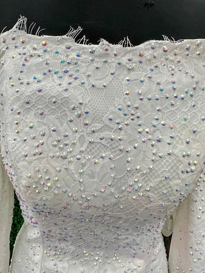 Johnathan Kayne 2744 Size 4 White Dress Lace Off the Shoulder Long Sleeve Dress Pageant Crystals Train - Image 3