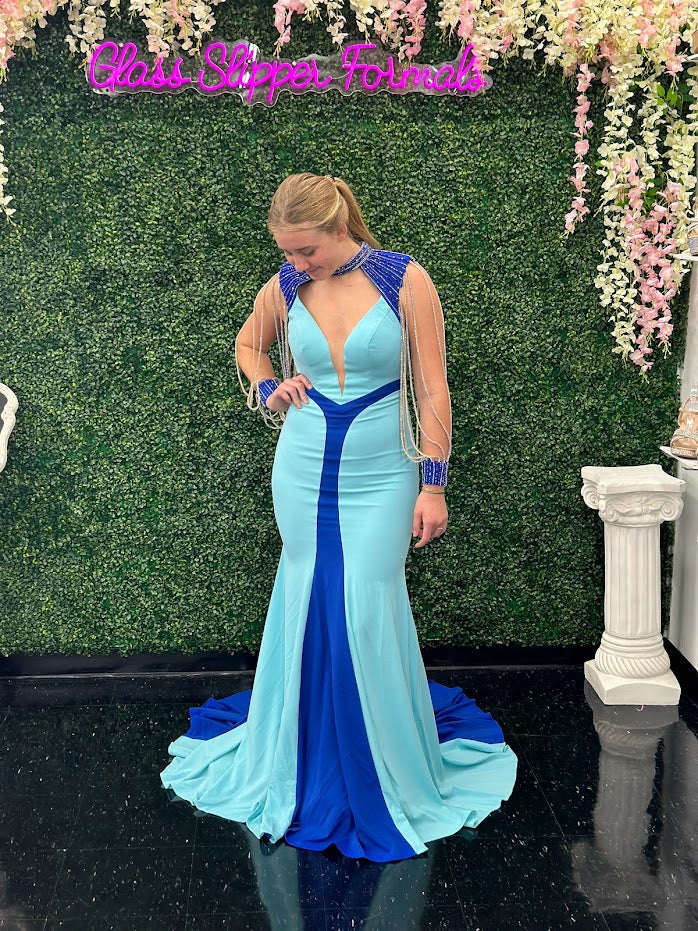 Johnathan Kayne 2753 Size 4 Navy/Teal Long Shoulder Fringe Stretch Crepe Stretch Lining Mesh Plunging V-Neck Long Dress - Image 10