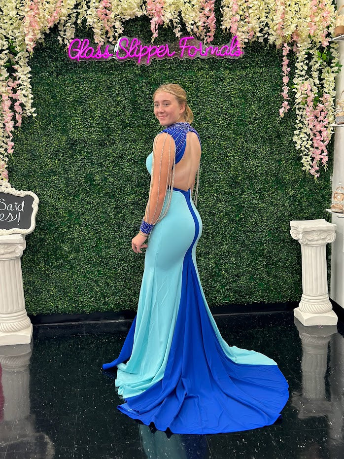 Johnathan Kayne 2753 Size 4 Navy/Teal Long Shoulder Fringe Stretch Crepe Stretch Lining Mesh Plunging V-Neck Long Dress - Image 4