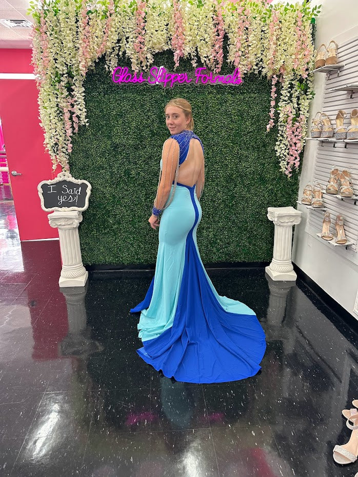 Johnathan Kayne 2753 Size 4 Navy/Teal Long Shoulder Fringe Stretch Crepe Stretch Lining Mesh Plunging V-Neck Long Dress - Image 6