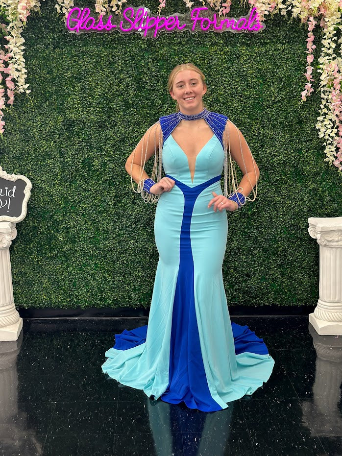 Johnathan Kayne 2753 Size 4 Navy/Teal Long Shoulder Fringe Stretch Crepe Stretch Lining Mesh Plunging V-Neck Long Dress - Image 7