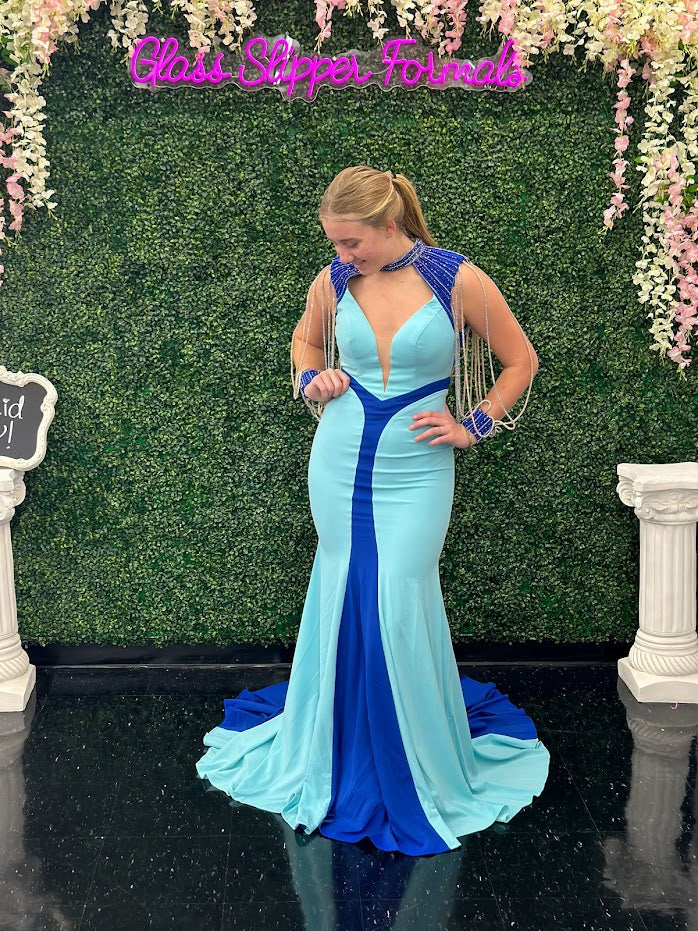Johnathan Kayne 2753 Size 4 Navy/Teal Long Shoulder Fringe Stretch Crepe Stretch Lining Mesh Plunging V-Neck Long Dress - Image 8