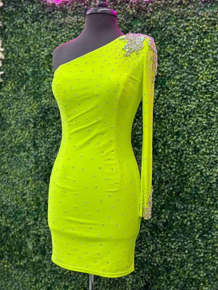Johnathan Kayne 2785 Size 4 Neon Green Short One shoulder long sleeve crystal Cuff Dress  stoned bodice short homecoming dress