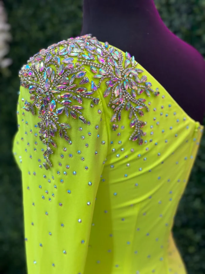 Johnathan Kayne 2785 Size 4 Neon Green Short One shoulder long sleeve crystal Cuff Dress  stoned bodice short homecoming dress - Image 2