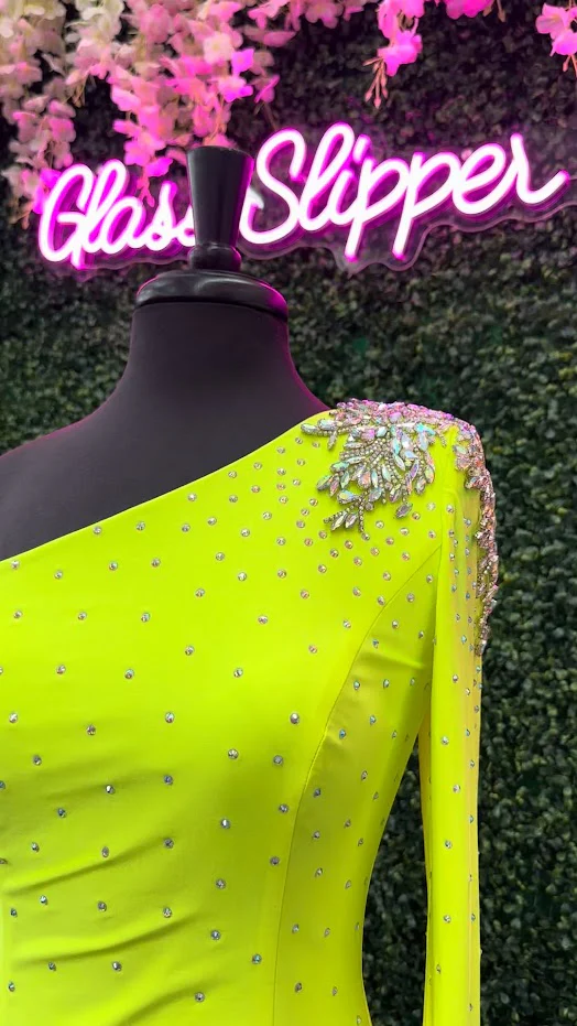 Johnathan Kayne 2785 Size 4 Neon Green Short One shoulder long sleeve crystal Cuff Dress  stoned bodice short homecoming dress - Image 4