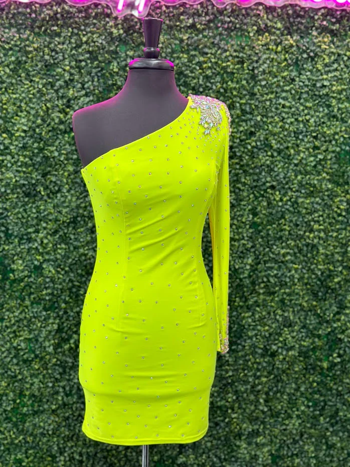 Johnathan Kayne 2785 Size 4 Neon Green Short One shoulder long sleeve crystal Cuff Dress  stoned bodice short homecoming dress - Image 5