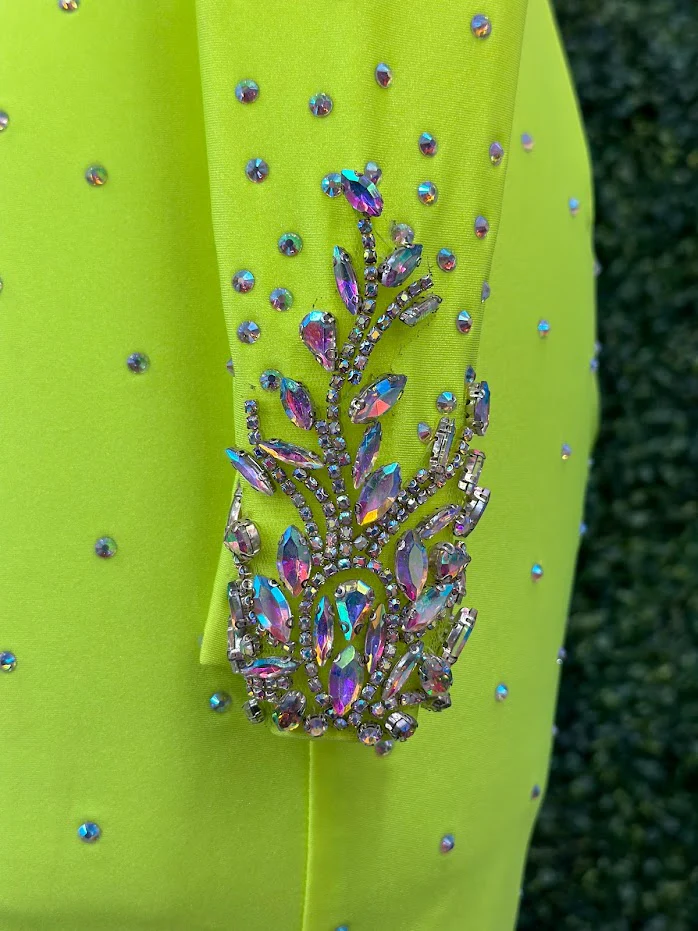Johnathan Kayne 2785 Size 4 Neon Green Short One shoulder long sleeve crystal Cuff Dress  stoned bodice short homecoming dress - Image 6