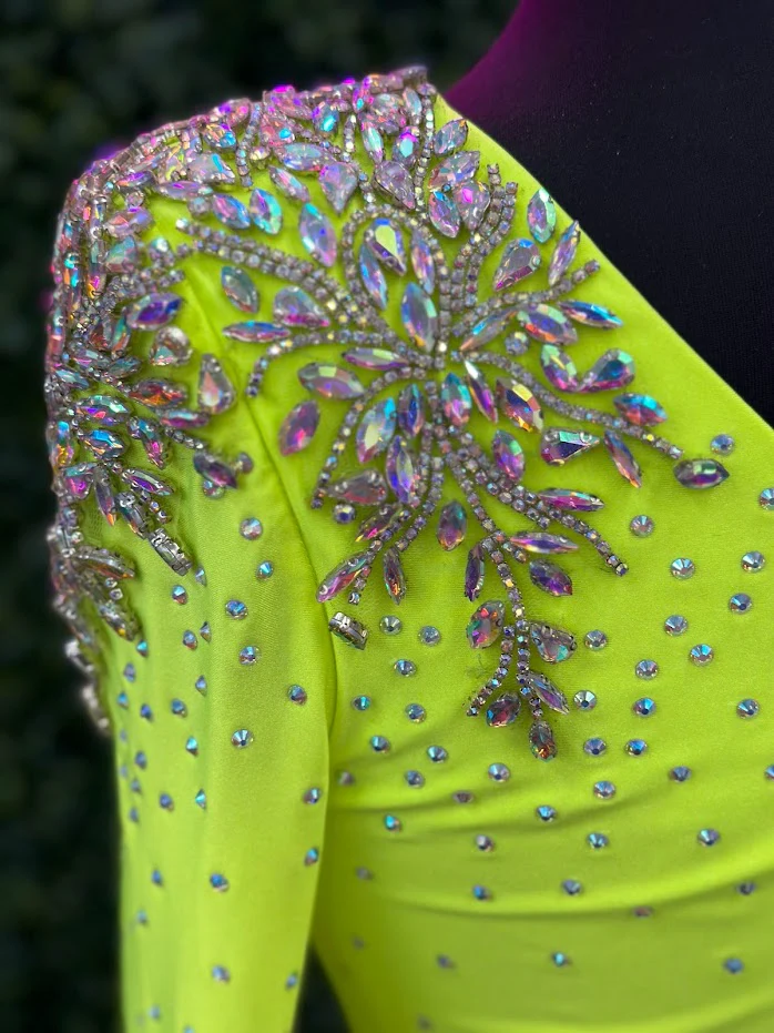 Johnathan Kayne 2785 Size 4 Neon Green Short One shoulder long sleeve crystal Cuff Dress  stoned bodice short homecoming dress - Image 7