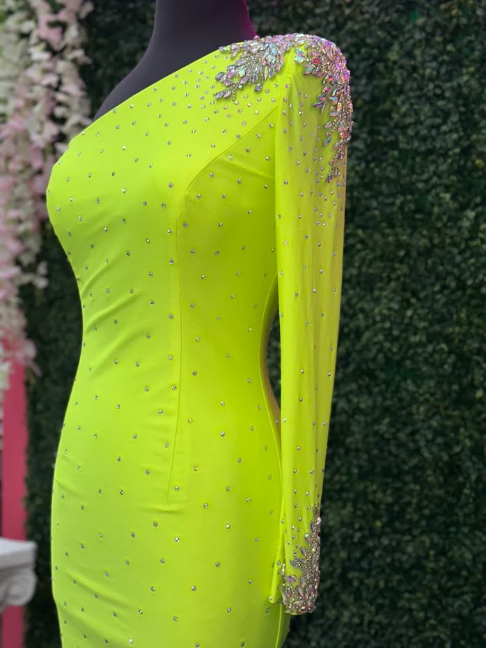 Johnathan Kayne 2785 Size 4 Neon Green Short One shoulder long sleeve crystal Cuff Dress  stoned bodice short homecoming dress - Image 8