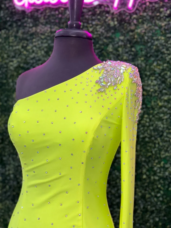 Johnathan Kayne 2785 Size 4 Neon Green Short One shoulder long sleeve crystal Cuff Dress  stoned bodice short homecoming dress - Image 9
