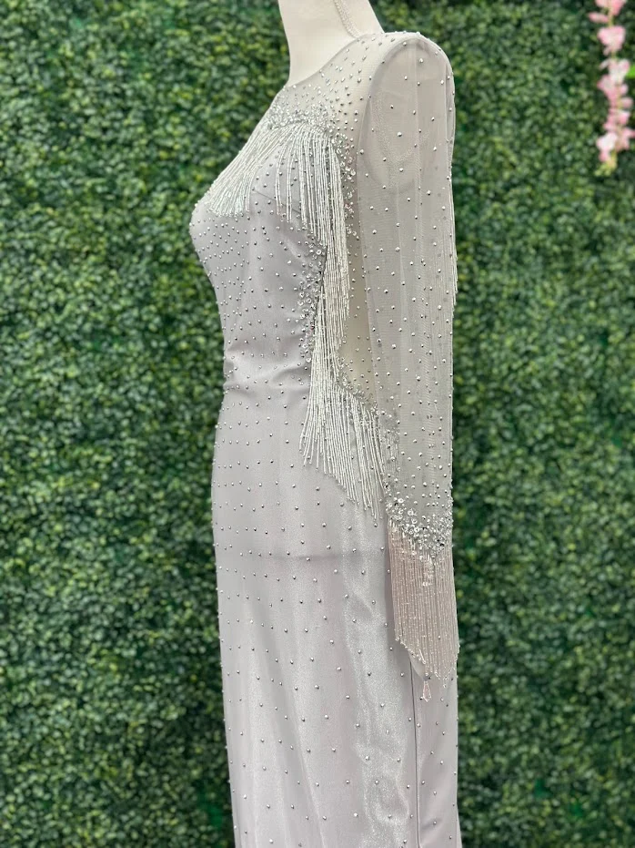 Johnathan Kayne 2795 Size 4 Crystal Sheer Beaded Fringe Long Sleeve Cocktail Dress - Image 10