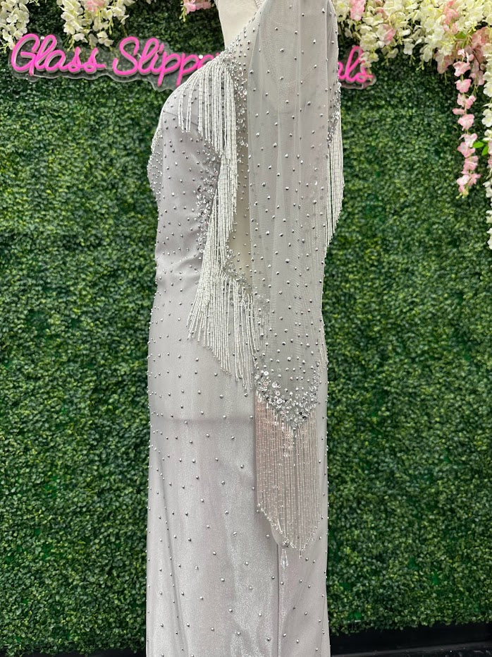 Johnathan Kayne 2795 Size 4 Crystal Sheer Beaded Fringe Long Sleeve Cocktail Dress - Image 11