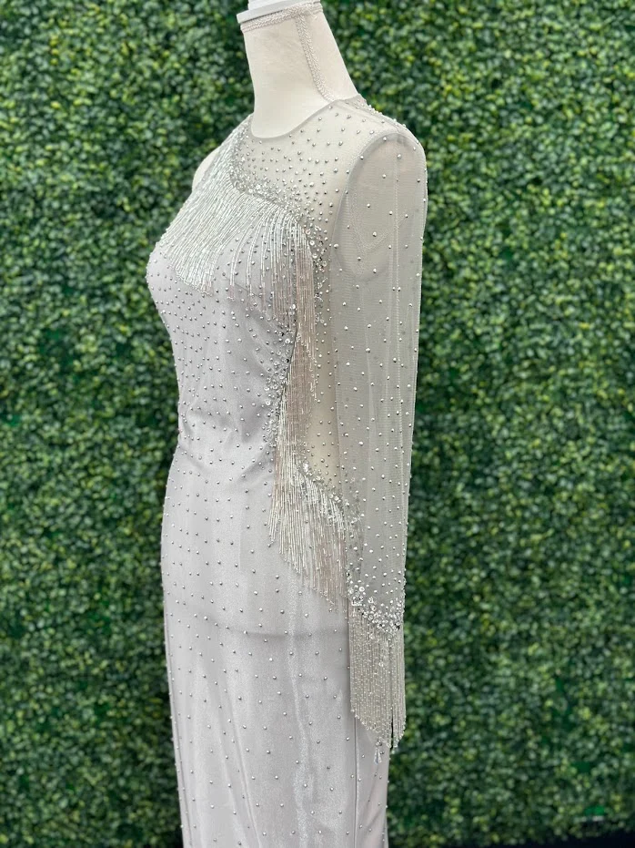 Johnathan Kayne 2795 Size 4 Crystal Sheer Beaded Fringe Long Sleeve Cocktail Dress - Image 14