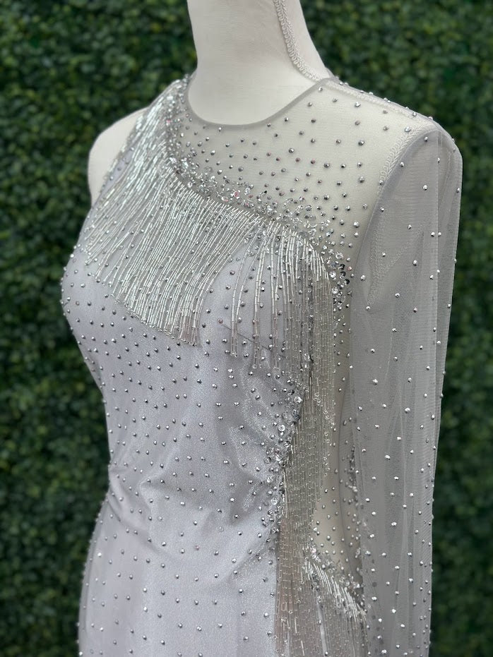 Johnathan Kayne 2795 Size 4 Crystal Sheer Beaded Fringe Long Sleeve Cocktail Dress - Image 8