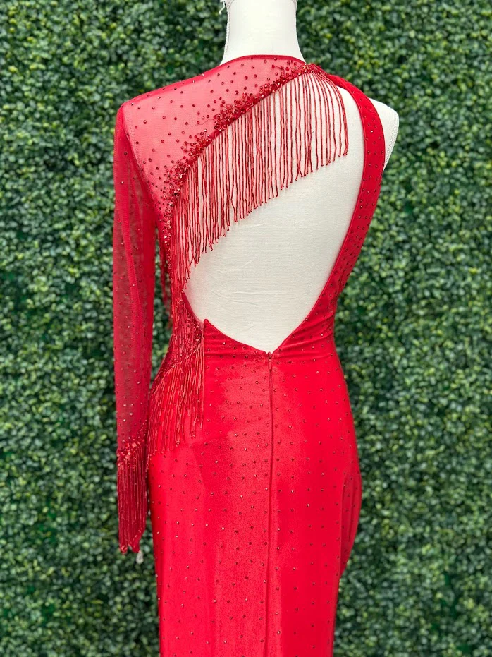 Johnathan Kayne 2795 Size 4 Crystal Sheer Beaded Fringe Long Sleeve Cocktail Dress - Image 2