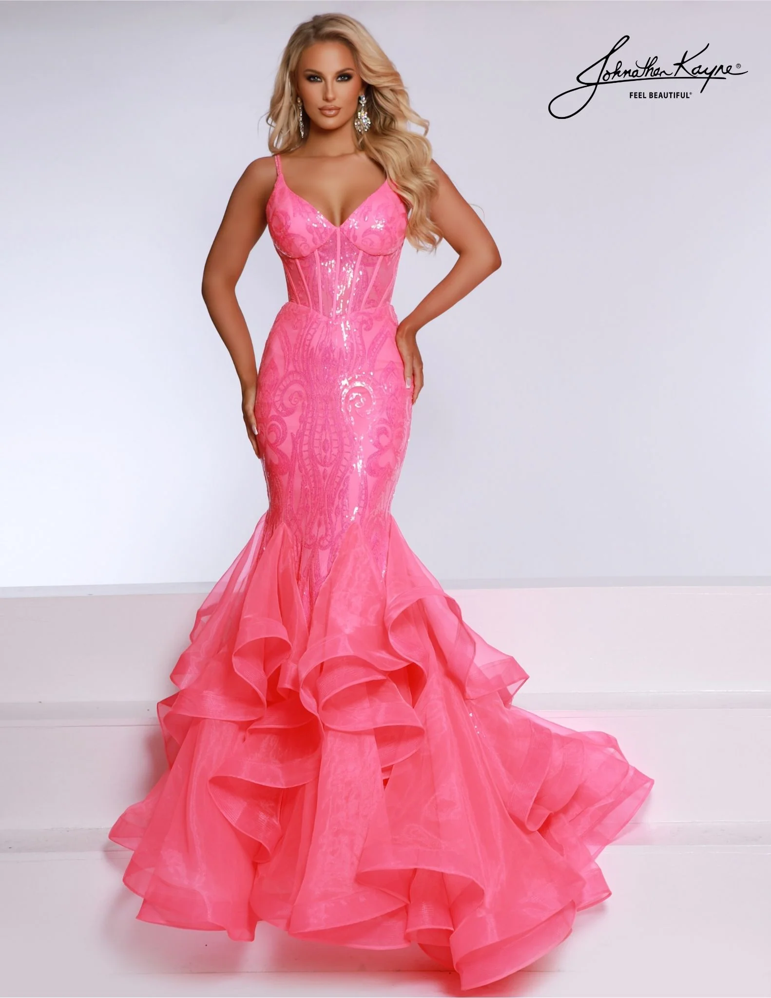 Johnathan Kayne 2835 Long Prom Dress Ruffle Mermaid Corset V Neck Formal Pageant Gown