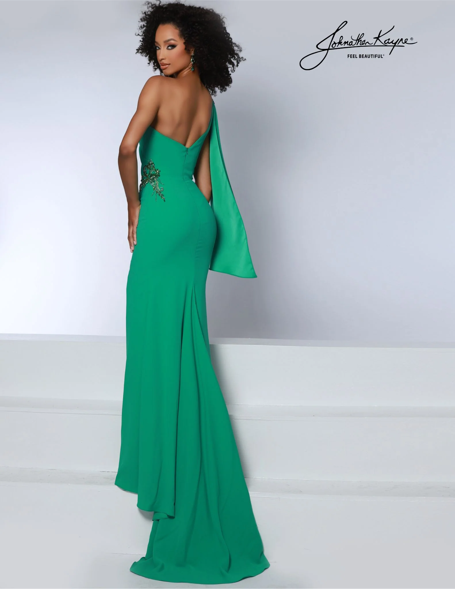 Johnathan Kayne 2864 Long Prom Dress One Shoulder Crepe Encrusted Crystals Slit Formal Pageant Gown - Image 4
