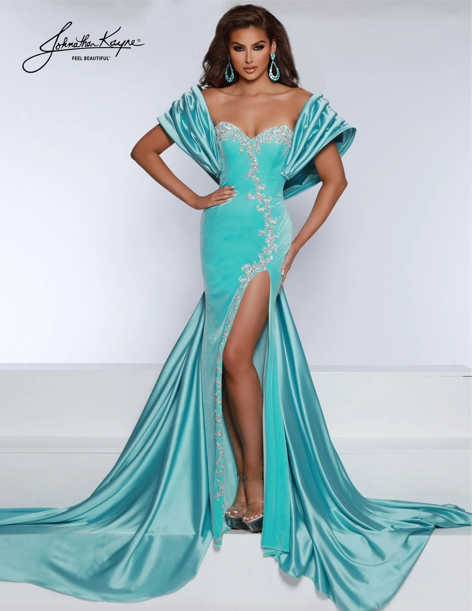 Johnathan Kayne 2913 strapless stretch velvet fitted gown detachable bow slit beaded applique large standout sleeves - Image 3
