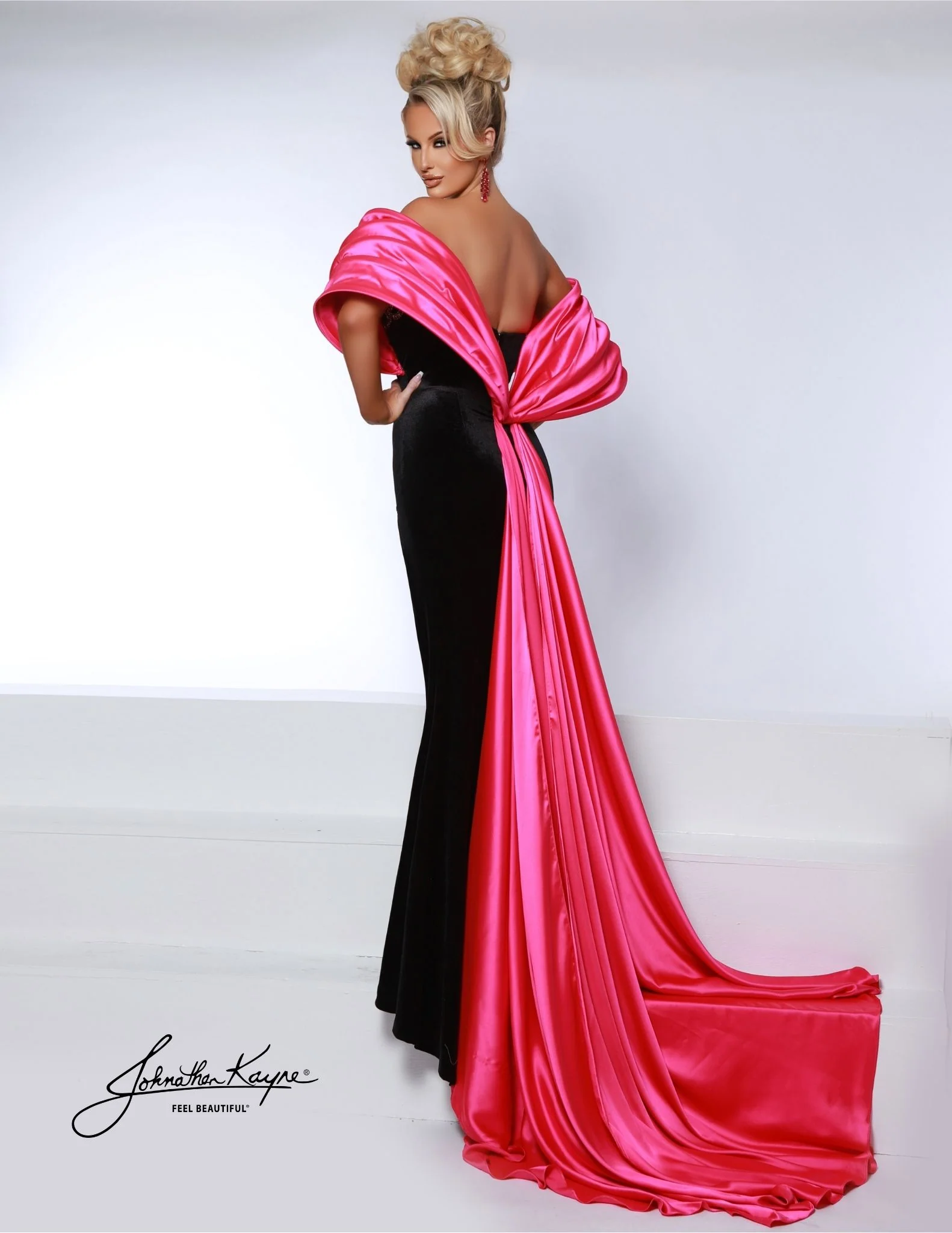 Johnathan Kayne 2913 strapless stretch velvet fitted gown detachable bow slit beaded applique large standout sleeves - Image 4