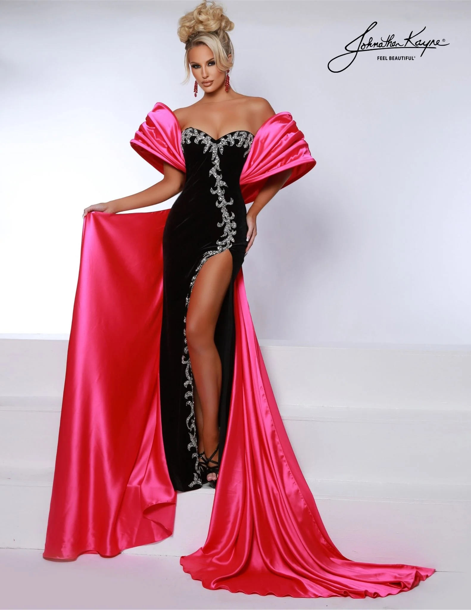 Johnathan Kayne 2913 strapless stretch velvet fitted gown detachable bow slit beaded applique large standout sleeves - Image 5
