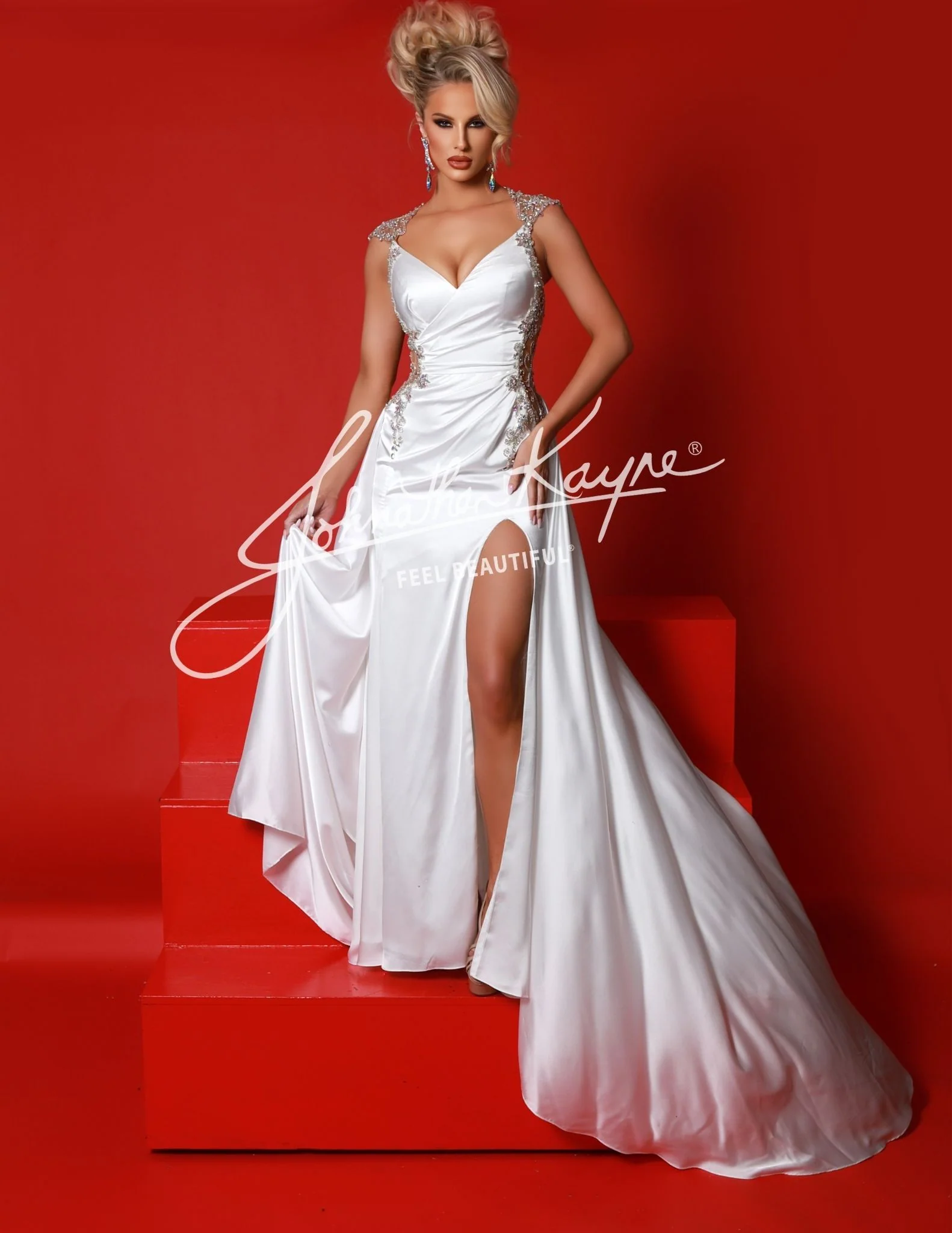 Johnathan Kayne 2934 Pageant Gown Evening Dress Sheer Beaded Back Satin Wrap Cap Sleeve Slit - Image 7