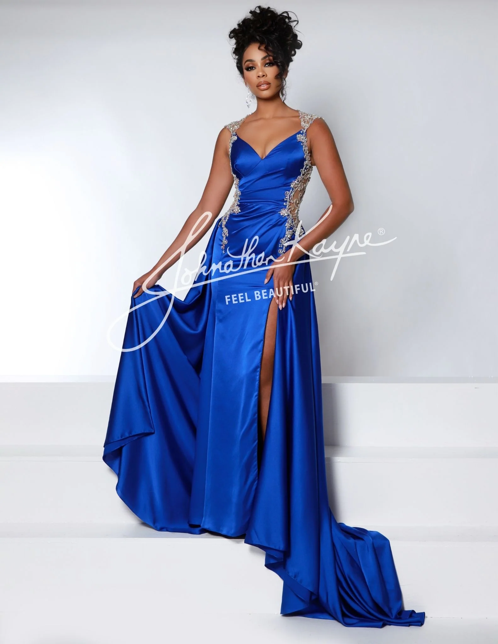 Johnathan Kayne 2934 Pageant Gown Evening Dress Sheer Beaded Back Satin Wrap Cap Sleeve Slit - Image 3