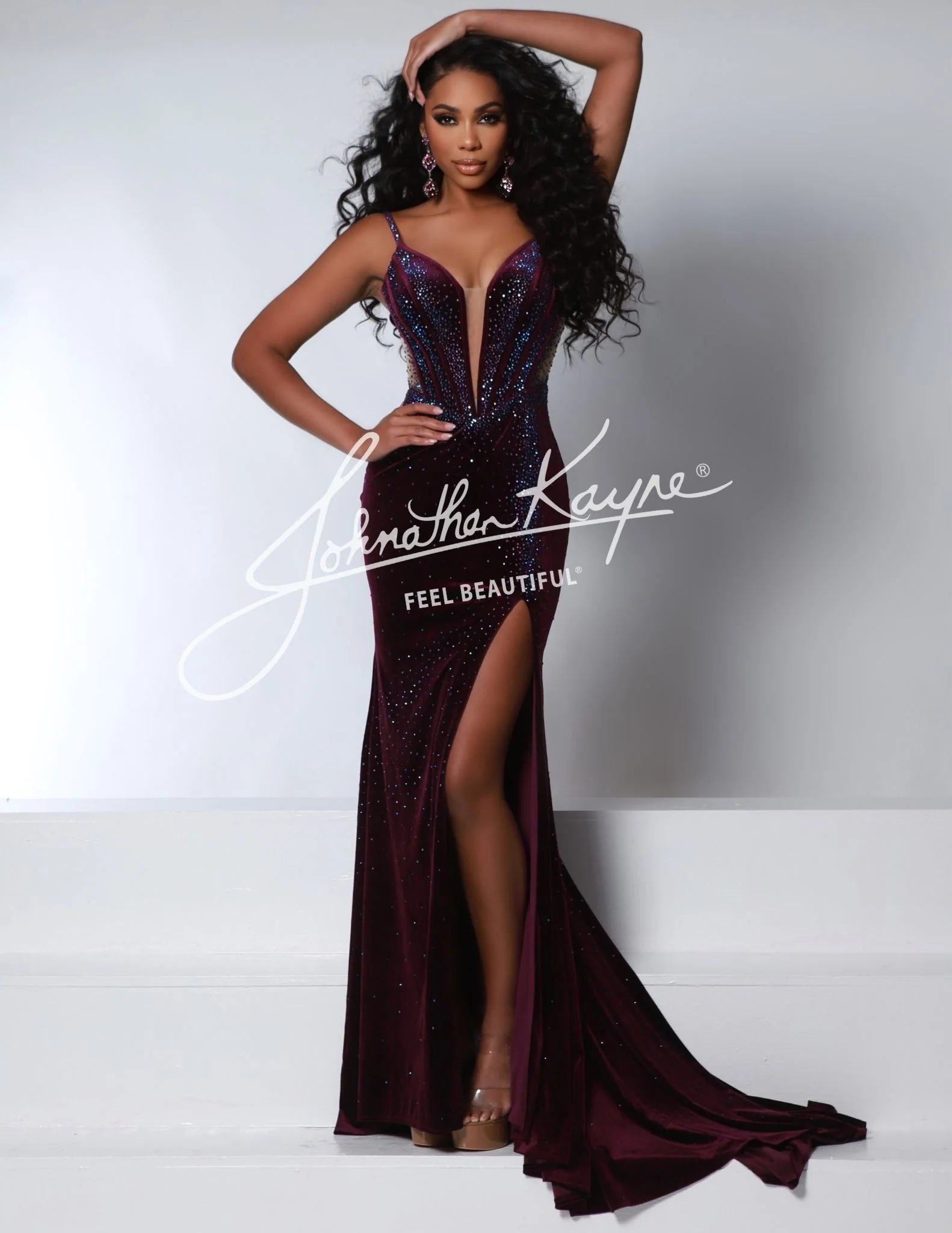 Johnathan Kayne 2948 Long Velvet Sheer Formal Dress Pageant Prom Slit Evening Gown - Image 4