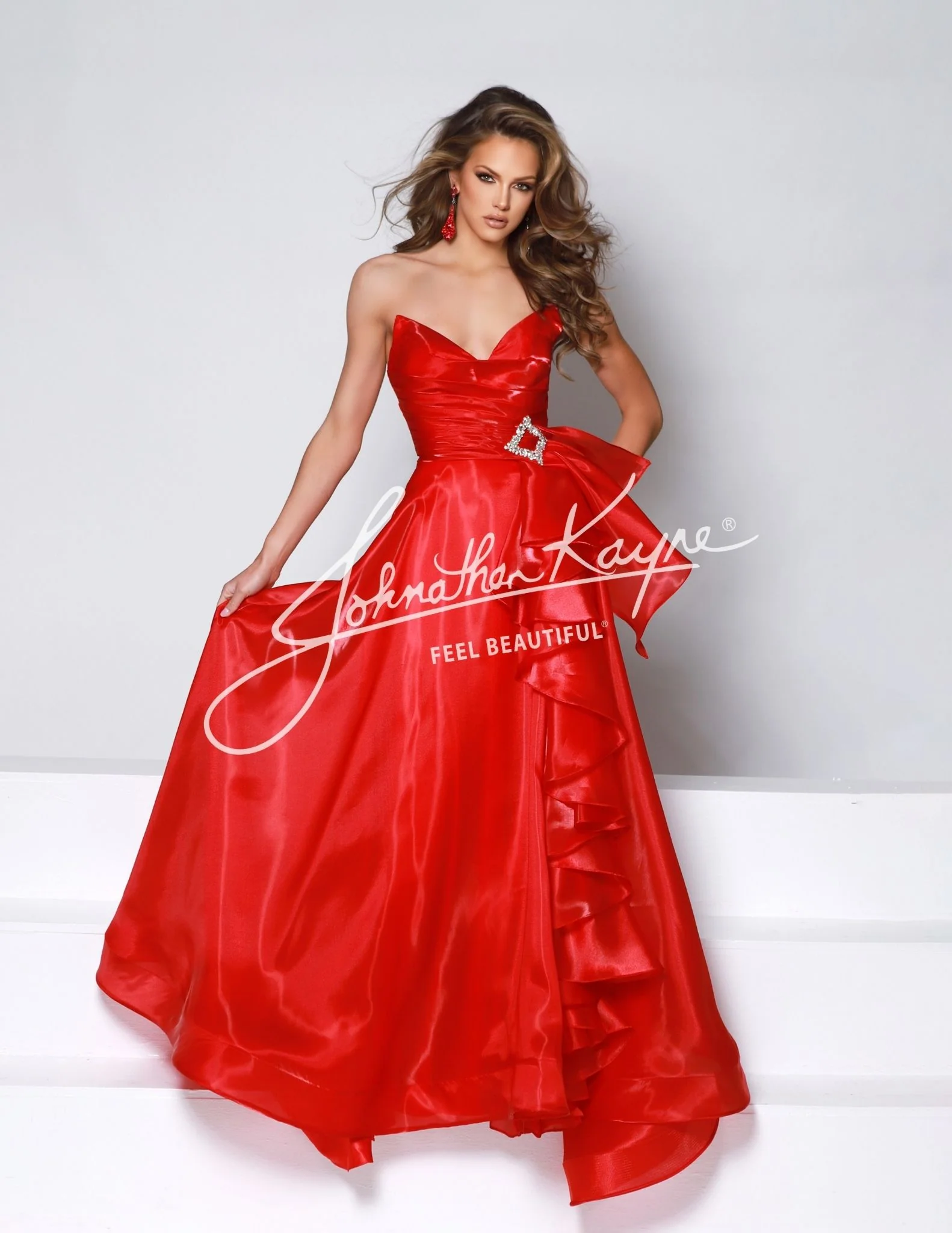 Johnathan Kayne 2962 Size 16 Cherry red organza prom dress ballgown pointed sweetheart neckline crystal belt ruffles