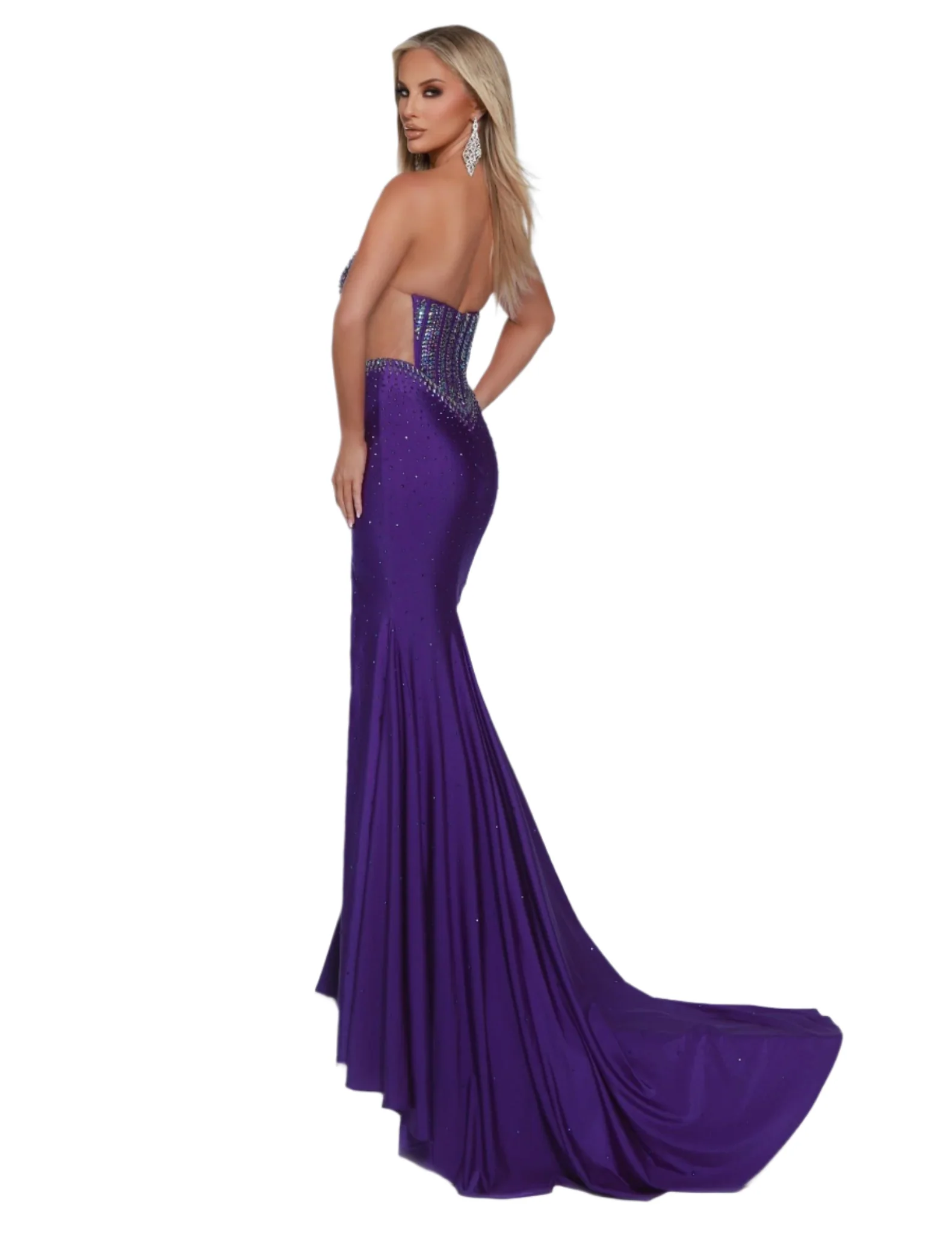 Johnathan Kayne 3001 Size 8 Purple Sheer Cut Out Crystal Slit Prom Dress Pageant Formal Wear Plunging Neckline - Image 2
