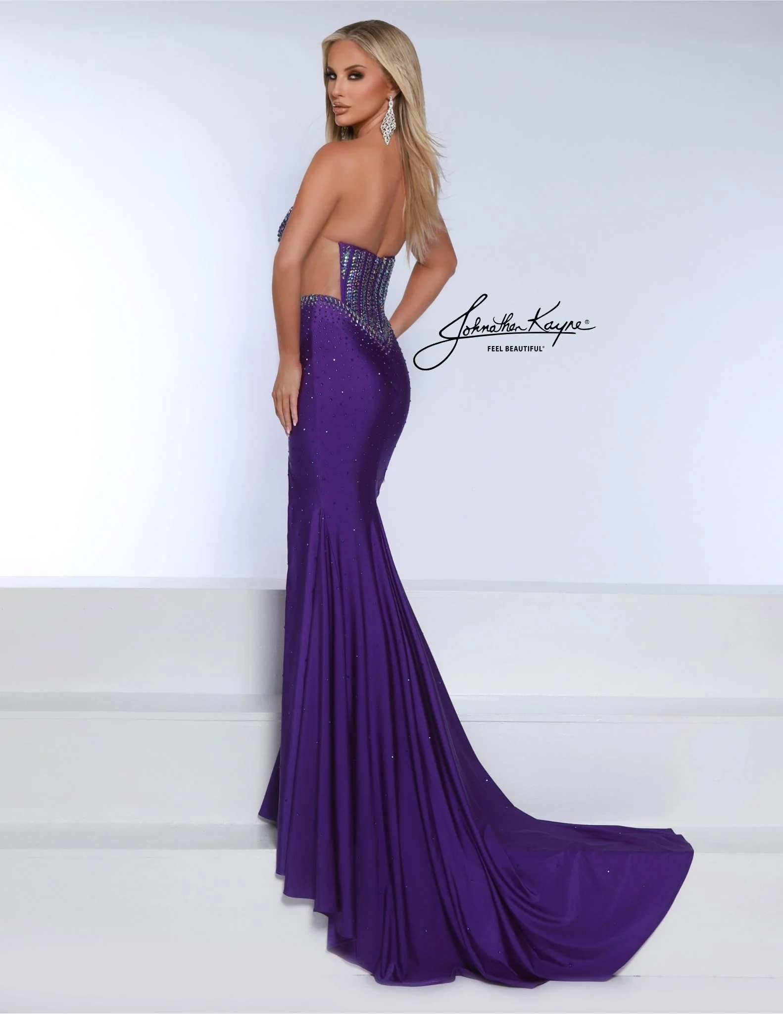 Johnathan Kayne 3001 Size 8 Purple Sheer Cut Out Crystal Slit Prom Dress Pageant Formal Wear Plunging Neckline - Image 4